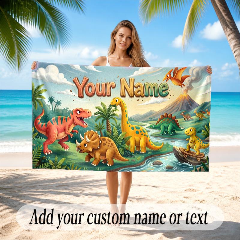 Dinosaur Theme Quick Dry Beach Towel Custom Name Text Print Large Sand Resistant Towel Beach Vacation