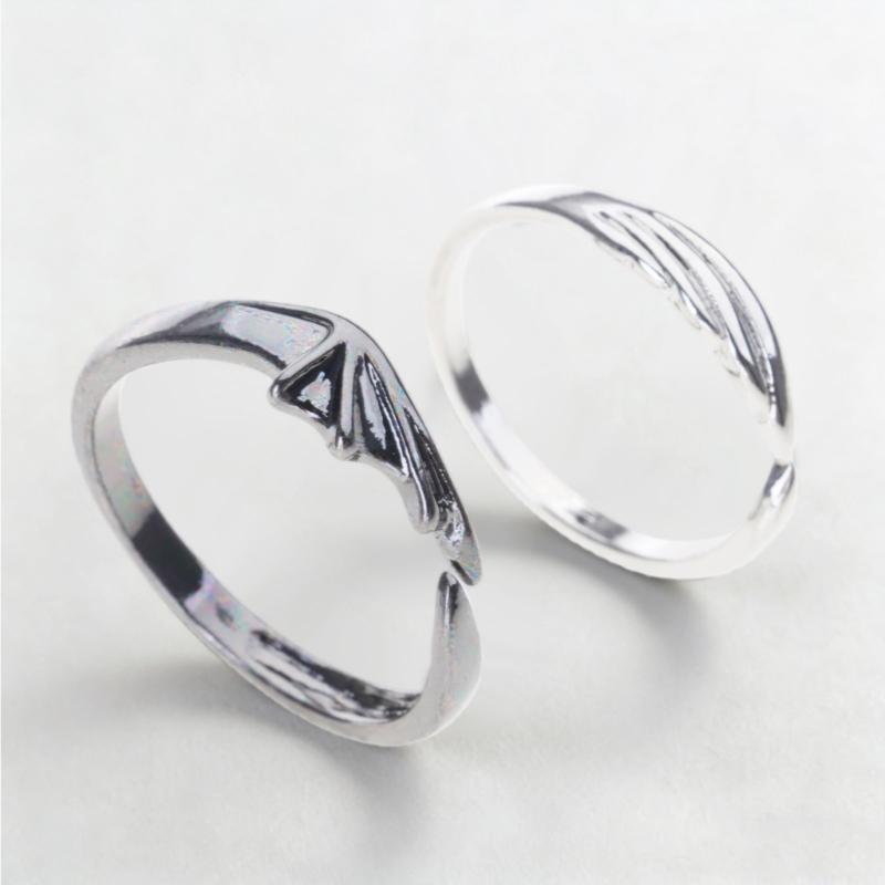 2Pieces Angel & Devil Couples Matching Ring Set Simplicity Adjustable for Women Men Engagement Marry Anniversary Lover