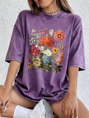 Vintage Hydrangea Flowers Prints Washed T-Shirts Womens Cotton Short Sleeve Tops Street O-Neck Oversize T Shirt Summer Clothes