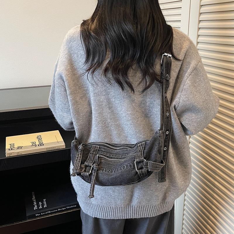 2025 Japan and South Korea New Old Washed Denim Dumpling Bag Large Capacity Leisure Commuter Single Shoulder Crossbody Dumpling Bag