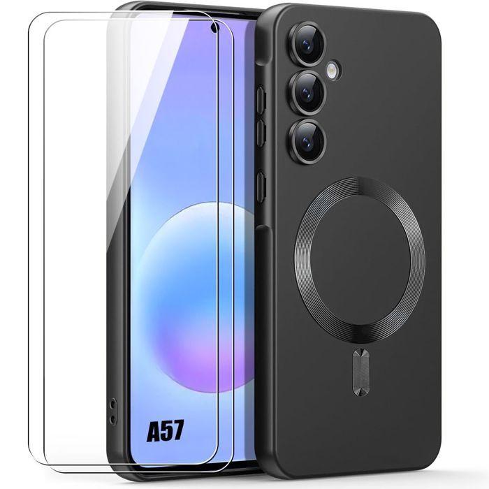 Hülle für Samsung Galaxy A57 5G, Flüssigsilikon mit Magnetring - Schwarz - 2 Gehärtete Gläser