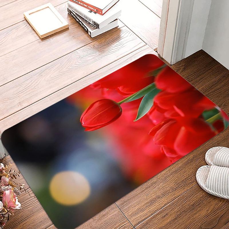 Beautiful Red Tulip Printing Non-Slip Small Rug Waterproof Easy To Clean Floor Mat for Indoor Outdoor Use Durable Home Decor