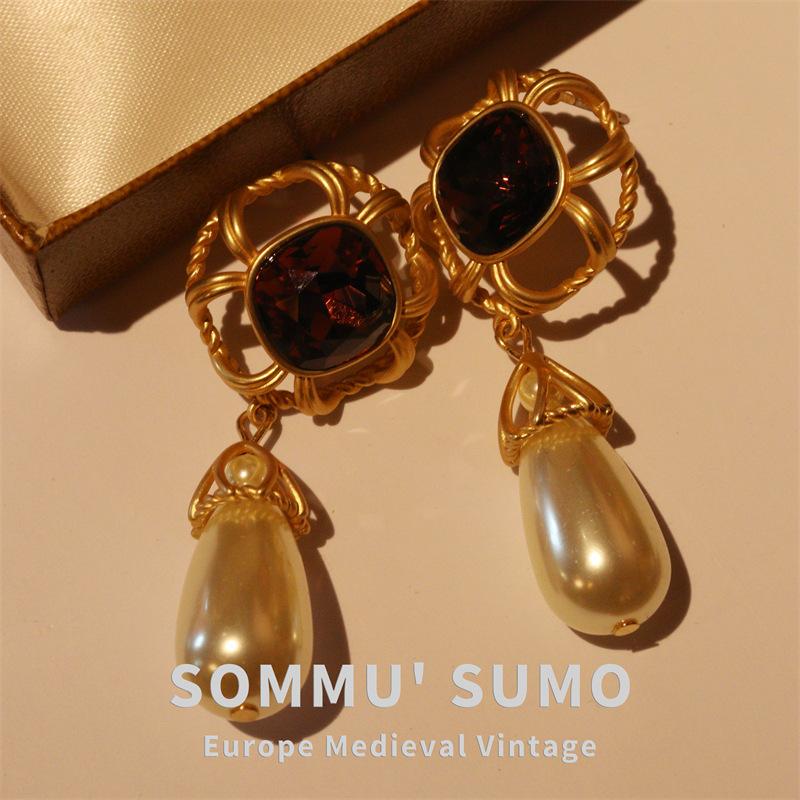 

French court purple crystal glazed pearl long necklace retro earrings