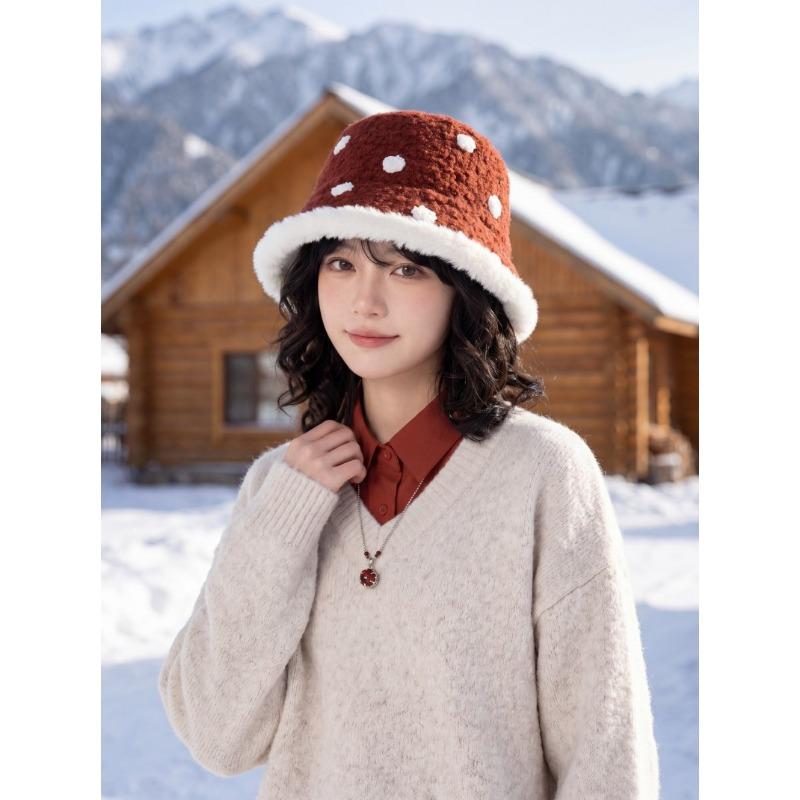 Women S Warm Fleece Knit Bucket Hat Polka Dot Korean Style Fashionable Hat