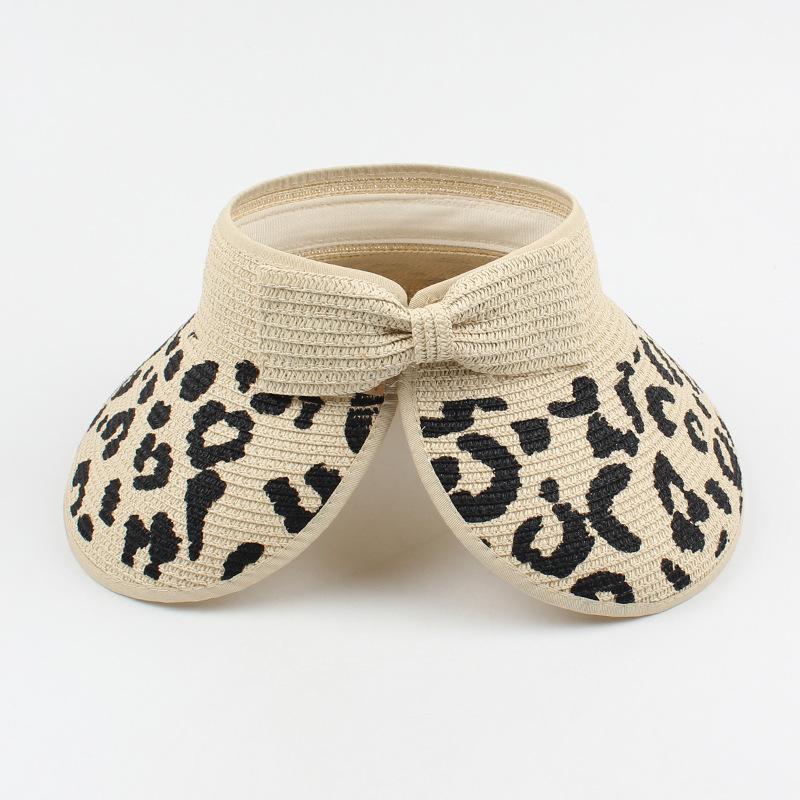 

New Summer Leopard Women S Bowknot Straw Hats Wide Visor Caps Roll Up Foldable Portable Outdoor Female Ponytail Beach Sun Hat бежевий