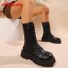 Aphixta Mid-Calf Modern Boots 5.5cm Square Heel Totem Design Back Zip Woman Shoes Lace-up Round Toe Black Boots Big Size 43