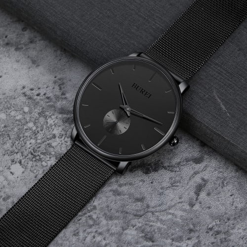BUREI Men's Black Watch, Simple, Stylish, Popular, Waterproof, Men's Watch (Black-Black-Black Hands, Stainless Steel)