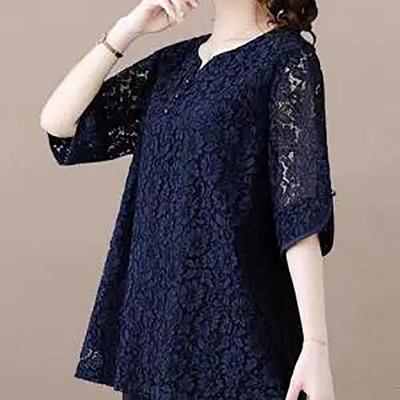 Ladies V-neck Blouse Oversize Blouse Lace Chiffon Summer Short-sleeved Blouse for Women