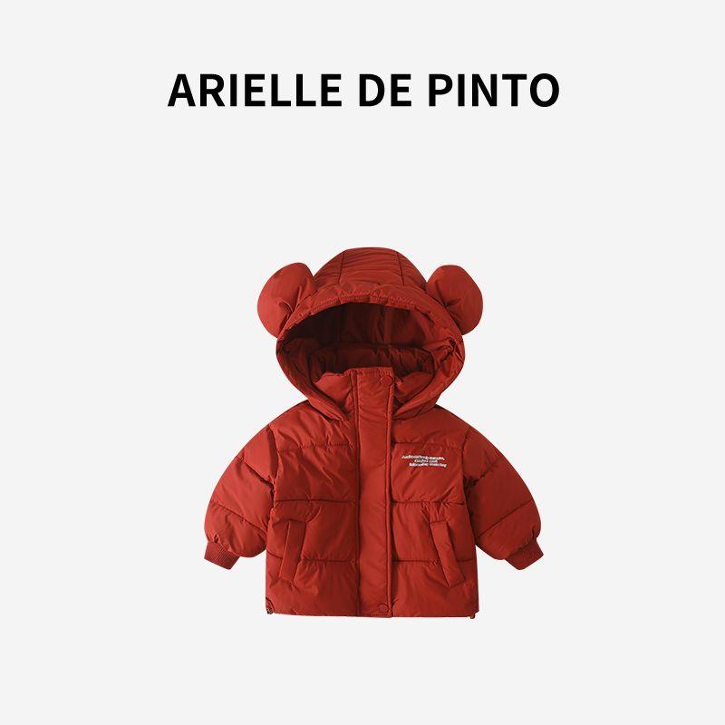 French Arielle De Pinto Girls  Cotton Jacket Winter Baby Fleece-Lined Thickened Bear Letter Print Cotton Coat Red 140