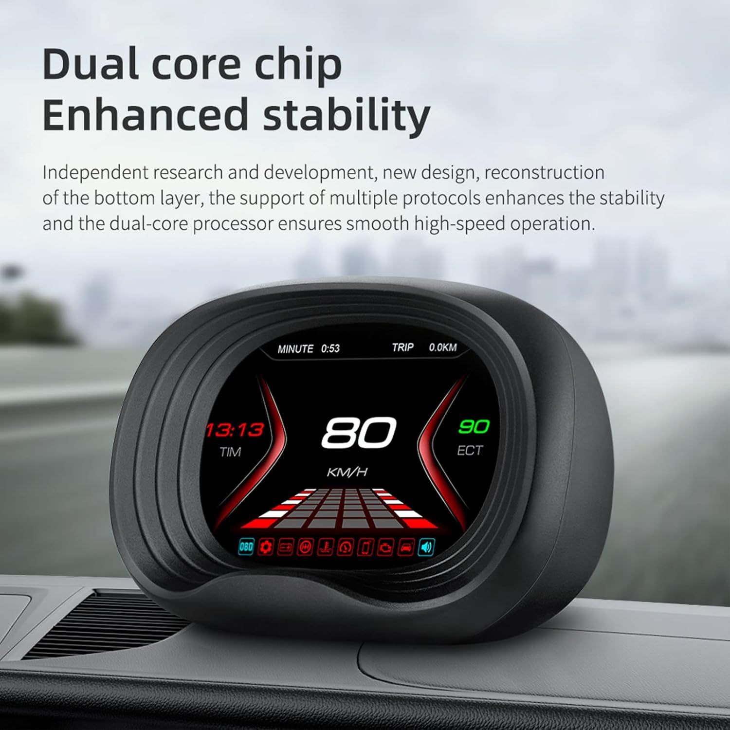 Car HUD, Multifunctional Vehicle OBD Gauge Display, 3.0in Color LCD HUD Digital Speedometer for OBD2 Model Gasoline Vehicles