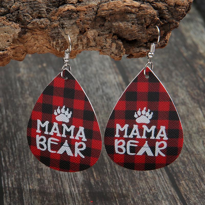 Mamabear Christmas Earrings: Red Plaid PU Leather, Bear Paw Design