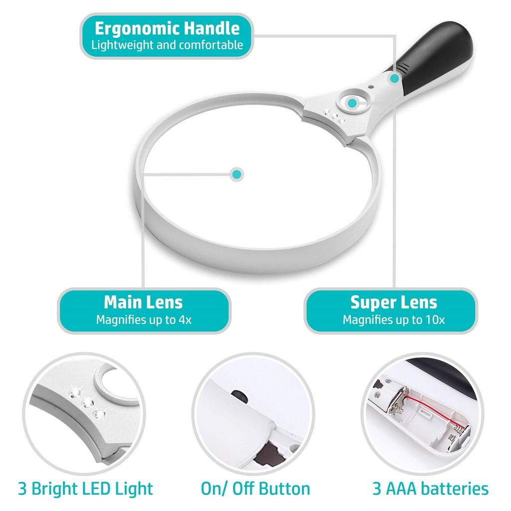 Large Reading Magnifier with 3 LED Lights 2X 4X 25X Handheld Magnifying Glass Illuminated Lupa 137mm Loupe Lens for Seniors