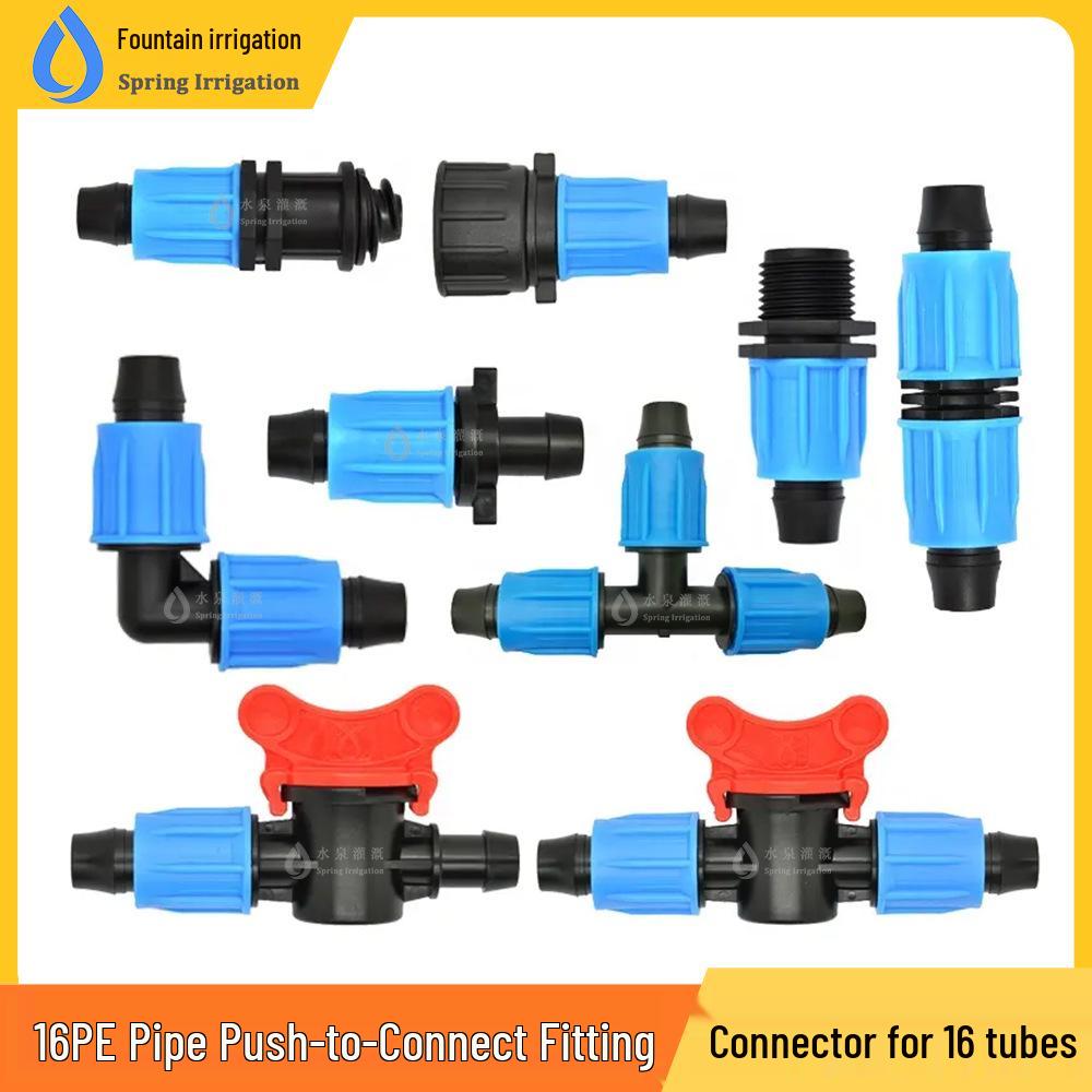 16PE Pipe Fittings: Straight Connector, Elbow Tee, Plug, Side Outlet, Drip Irrigation Valve, Sprinkler Connector, Drip Tube Switch