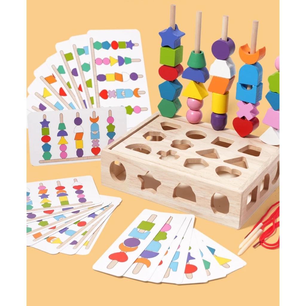 Kids Montessori Wooden Toys Baby Colorful Shape Matching Sleeve Column Beaded Games Cognition Early Education Toys for Children