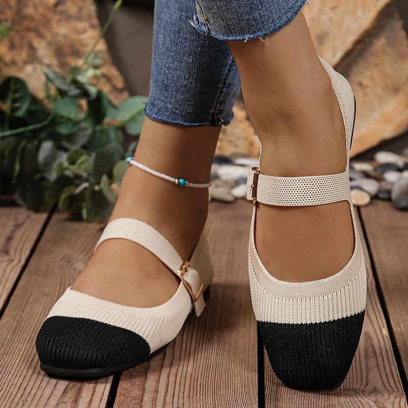 Fashion Women's Lightweight Knit Flats Fashion Mix Color Flat with Mary Jane Shoes for Women Square Toe Comfort Soft Sole Casual Shoes