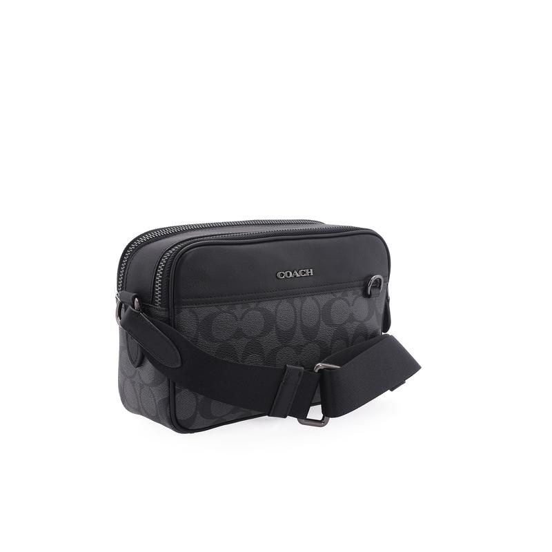 Coach Crossbody Bag Graham 23 Metal Logo Signature Pendant Coated Canvas and Calf Leather Camera Small Square Shoulder Medium Men's Charcoal Black
