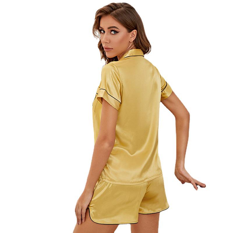 Plus Size Ice Silk Short Sleeve Pajama Set - Women's Summer Solid Color Cardigan and Shorts