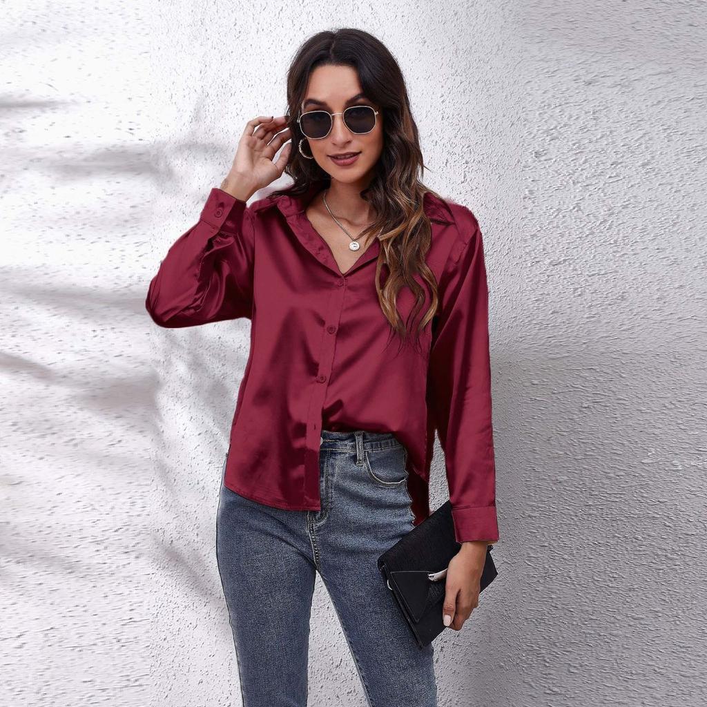 Flip Collar Pleated Long Sleeved Women's Satin Shirt, Elegant and Slim Fit, Suitable for Commuting To Work