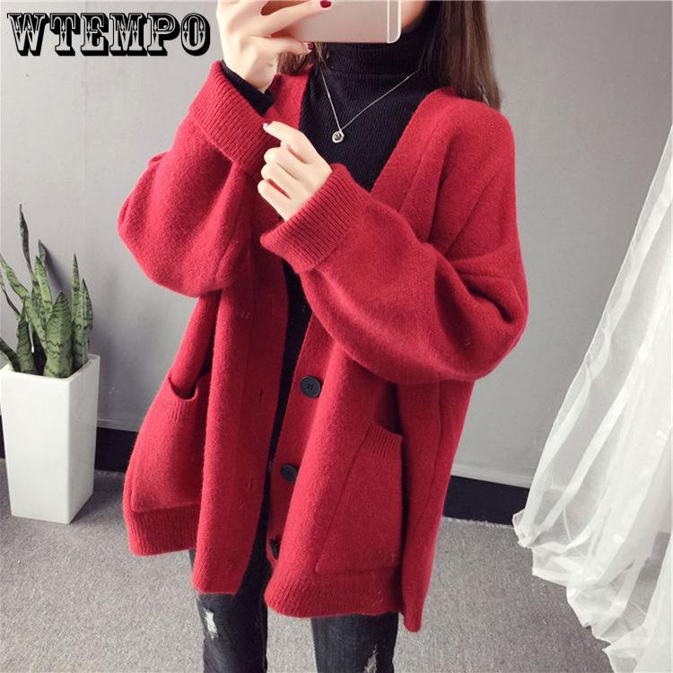 Women's Cardigan Jacket Long Sleeved Knitted Top Spring Outfit Loose Single Breasted V-neck Sweater