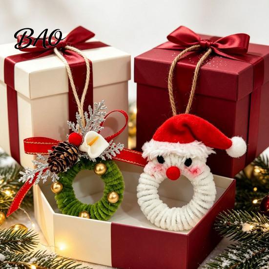 Indoor Xmas Window Decorations Handmade Pipe Cleaner Christmas Ornament, Finished Chenille Stems Wreath Crafts Charming Gift Packaging with Pinecones