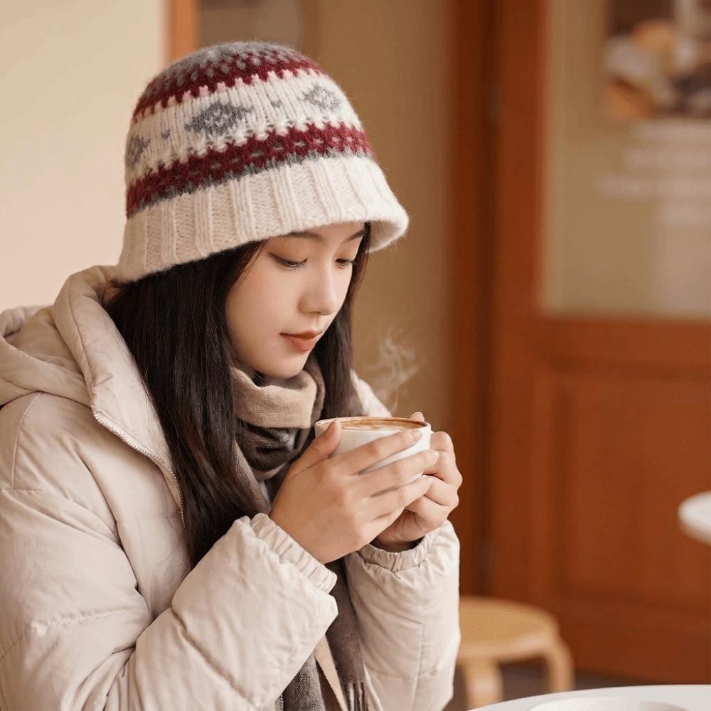 Warm Jacquard Knitted Hat Wool Jacquard Pattern Beanies Cute Knitted Fisherman Hat Winter