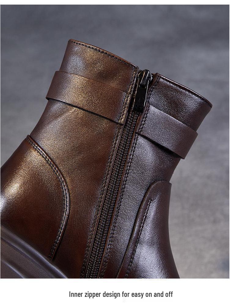 2025 Women's Genuine Leather Martin Boots - Warm, Thickened, Single Cotton Boots for Spring, Autumn, and Winter.
