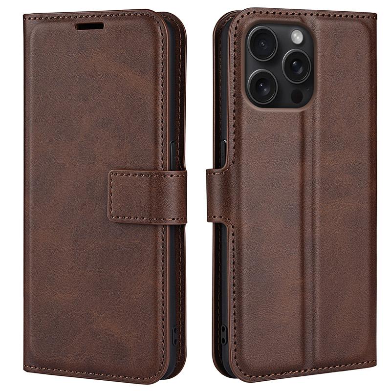 

For iPhone 16 Pro Max Case Calf Texture PU Leather Folio Flip Wallet Phone Cover Brown