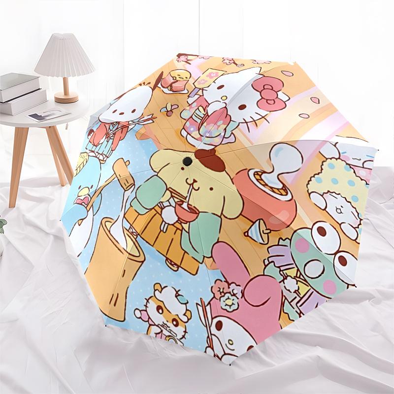 1pc Hello Kitty & Friends Japanese Kimono Print Automatic Opening Folding Umbrella with 8-Bone Iron Frame - Portable Design for Outdoor Use, Festive G