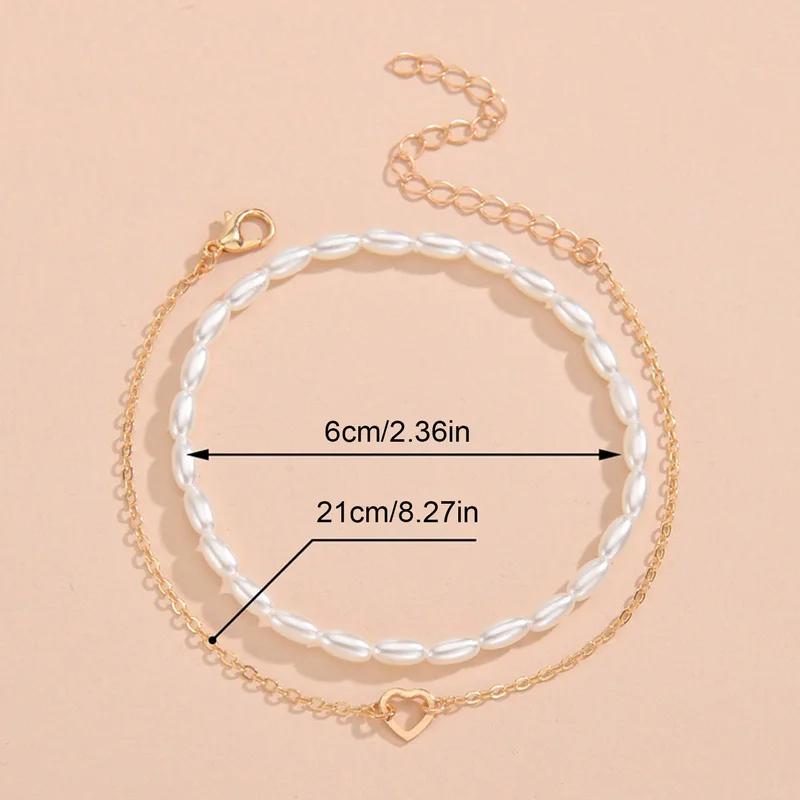 

Fashion Retro Imitation Pearl Anklet Love Rice Female Pearl Chain Heart Ot Buckle Alloy Jewelry New 2-piece Durable Acessories