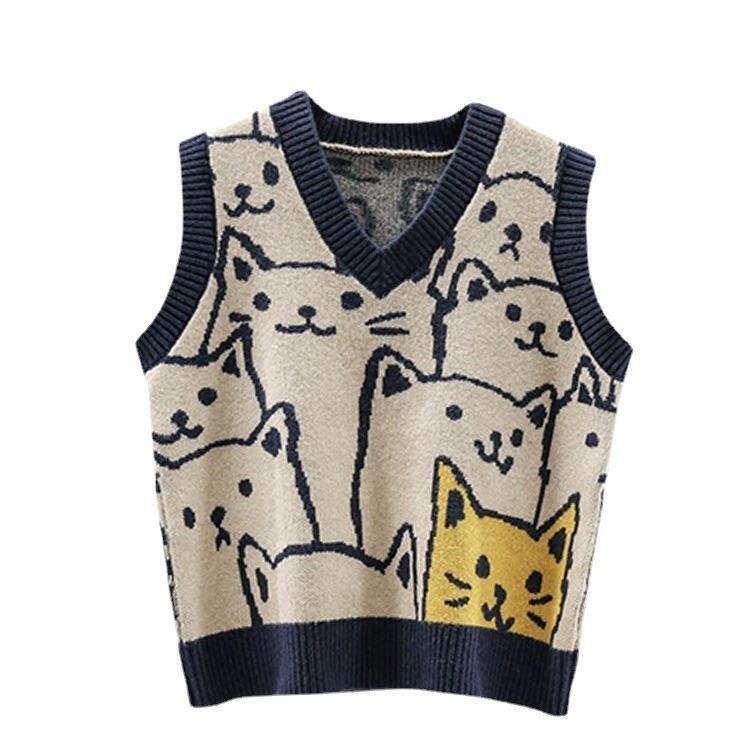 Chaleco de Punto para Mujer Gatito Retro Chaleco de Punto Suéter Holgado Top de Mujer