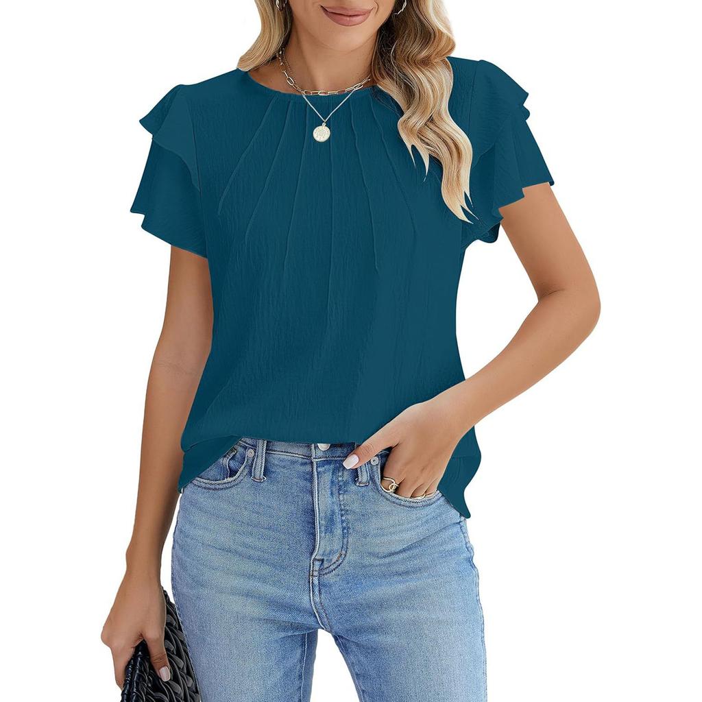 Damenmode Locker geschnitten Rundhals Falten Pullover T-Shirt Kurzarm Top