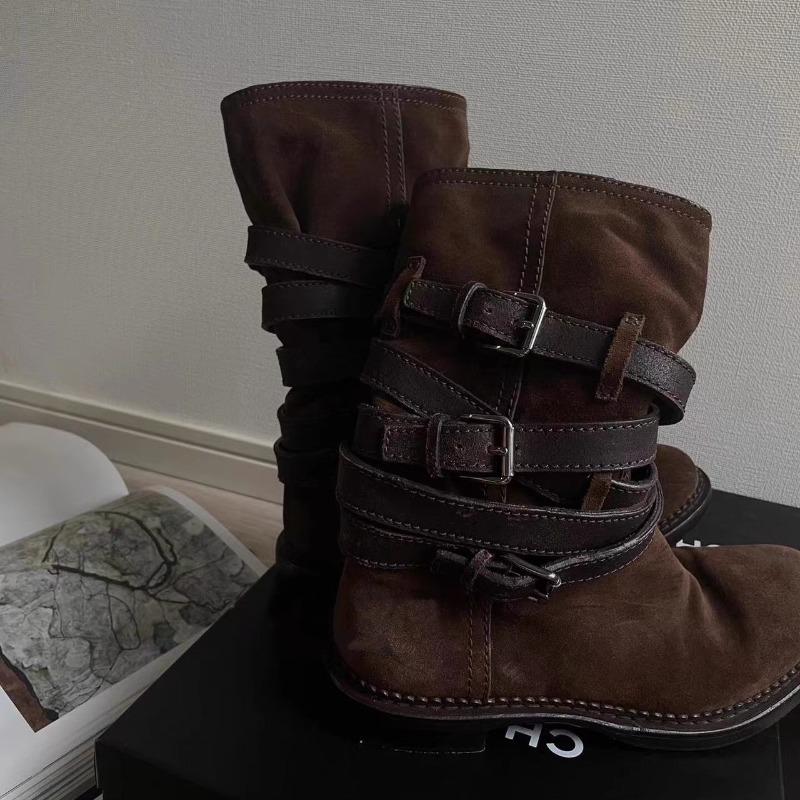 Desert boots new retro straps western cowboy boots women's brown pile boots medium tube knight boots