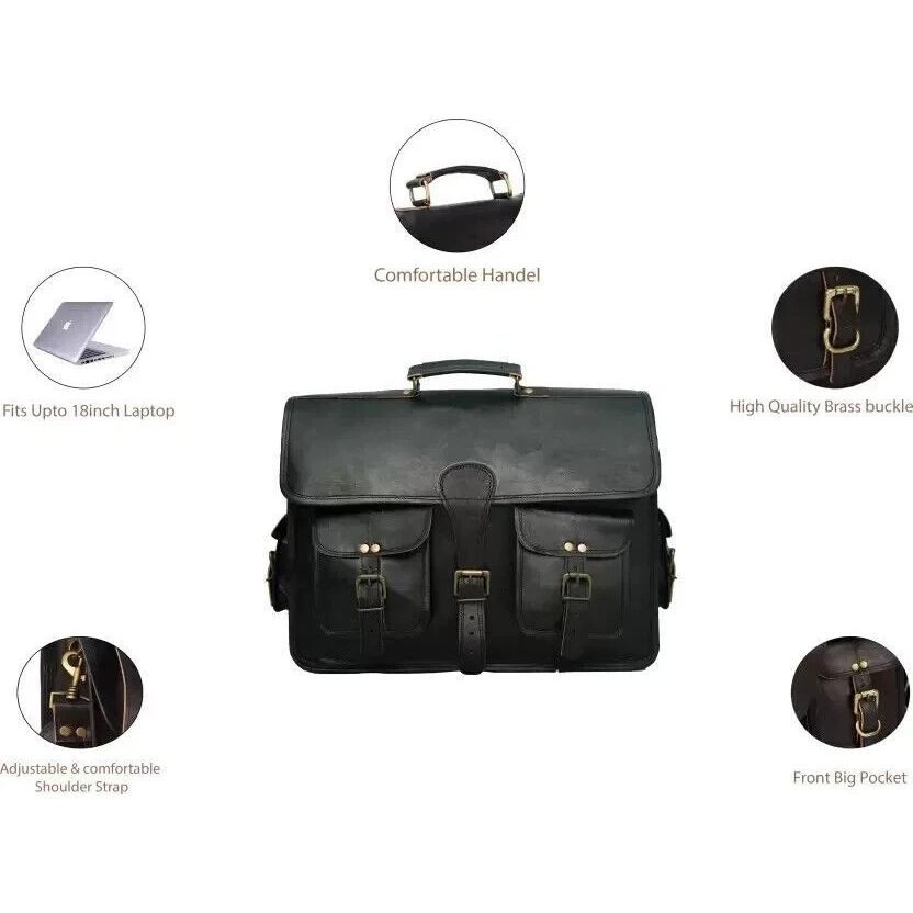Vintage Laptop Messenger Briefcase Bag Satchel Black Men's Buff Leather
