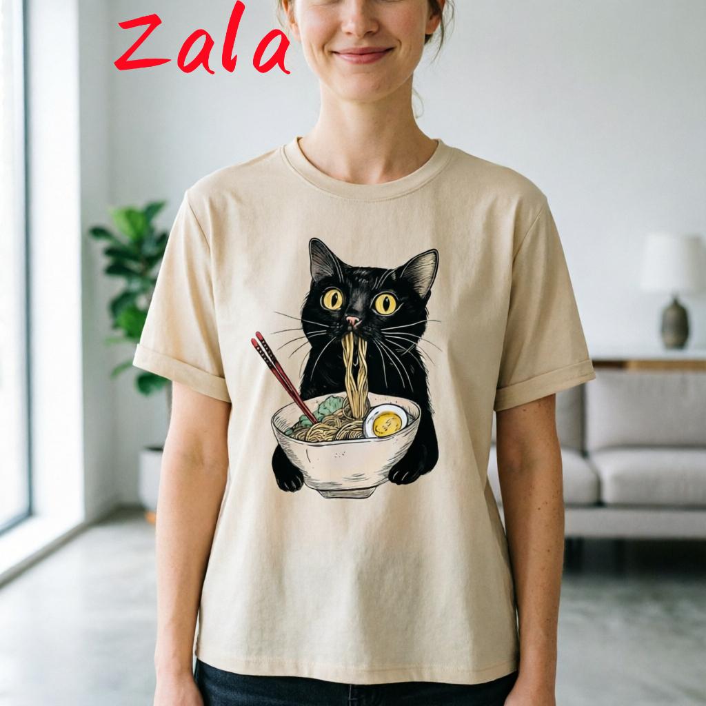 Noodle Raunisex Cat Printed Unisexs Tshirt Foodie Lover Cat Noodle Unisex Tshirts Retro Casual Short Sleeve Tshirt Unisexs Clothing