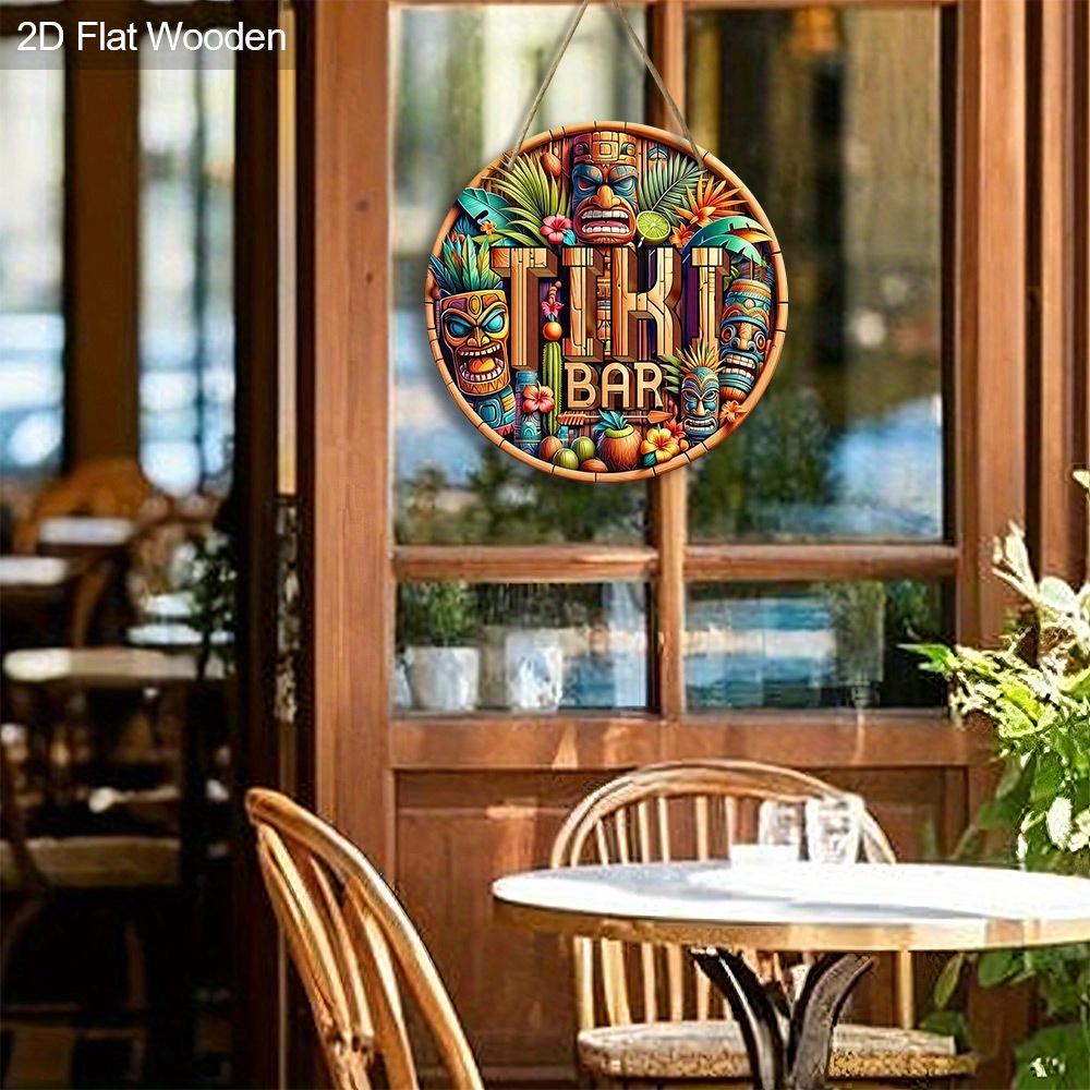 Tiki Bar Sign, Wooden Printed Tiki Decor Round Signs, Outdoor Signage with Tiki Statue