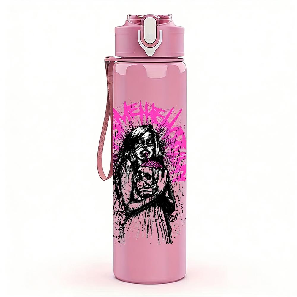 1PC Pink spiky hair female band print 750ml colorful plastic sports water bottle leakproof pop up lid with straw for outdoor work home use