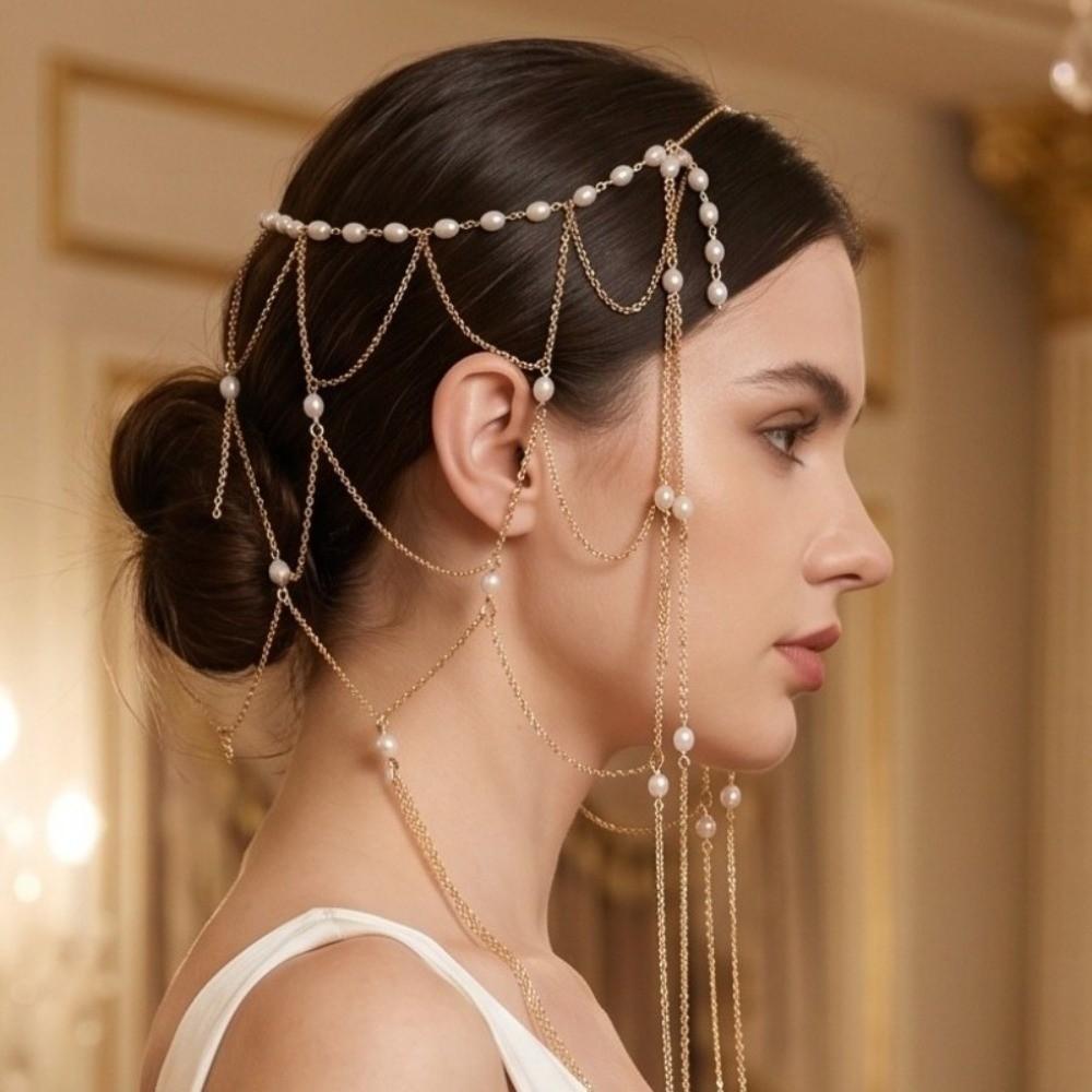 Diadema con Perle e Zirconi Catena per Capelli con Nappe Vintage Catena per Capelli Boho da Sposa Donna