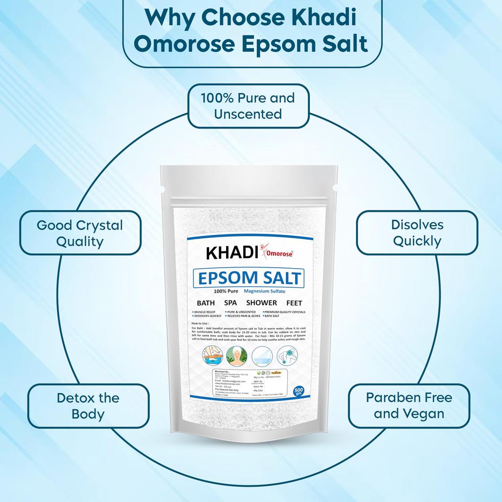 Khadi Omorose Epsom Bath Salt Crystal and Bath | For refreshing bath soak | Foot Spa | Relieves aches & pain - 500 Gram