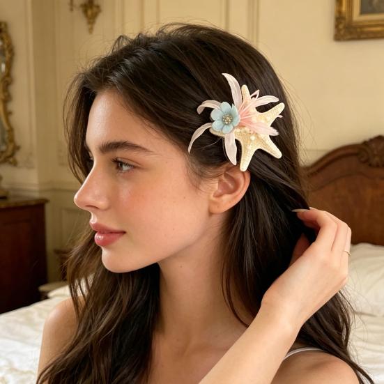 Hair Claw Starfish Artificial Flower Decor Anti-Slip Design Hair Clip Back Head Shark Hair Claw Holiday Travel Beach Hair Accessory