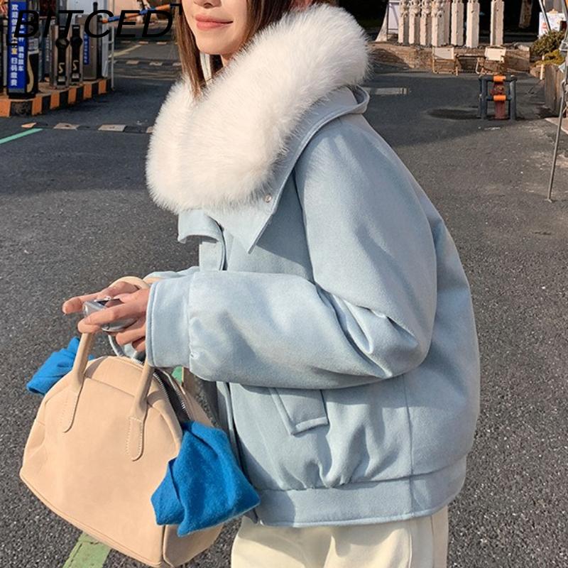 BITCED Women's Short Down Jacket with Oversized Fur Collar Winter Stylish Quilted Coat Thickened Outerwear American Style