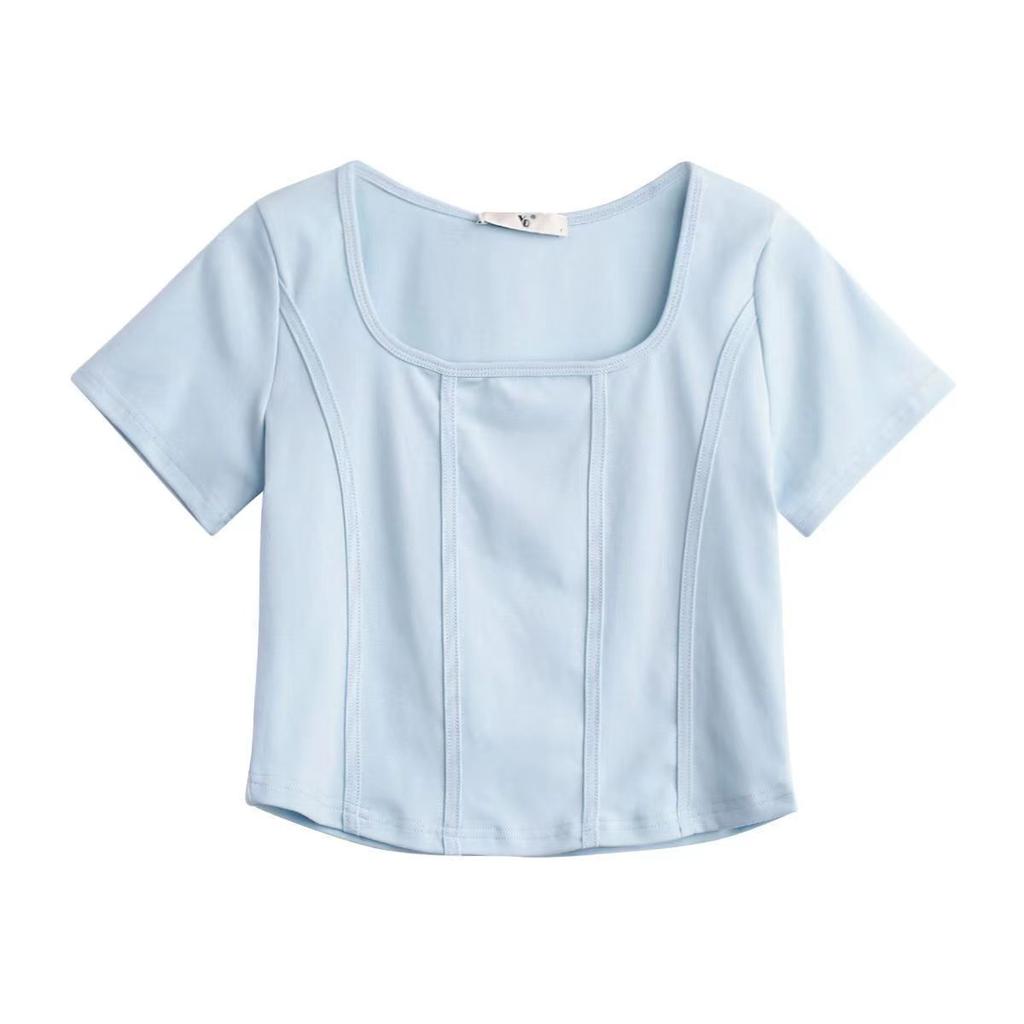 Solid Color Square Neck Short Sleeved T-shirt for Women with A Summer Design Sense Niche Short Top