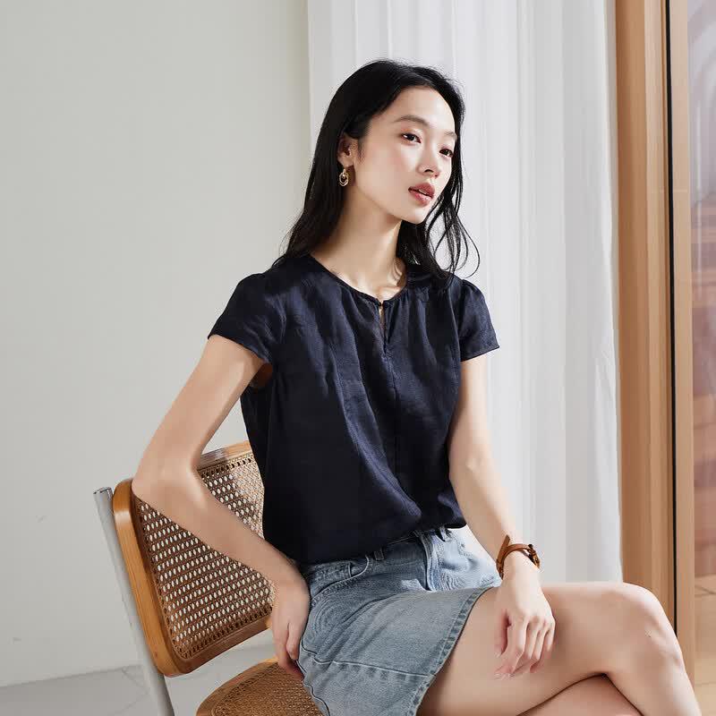 SOFSIL Women s 100% Ramie V-Neck Short Sleeve Blouse L