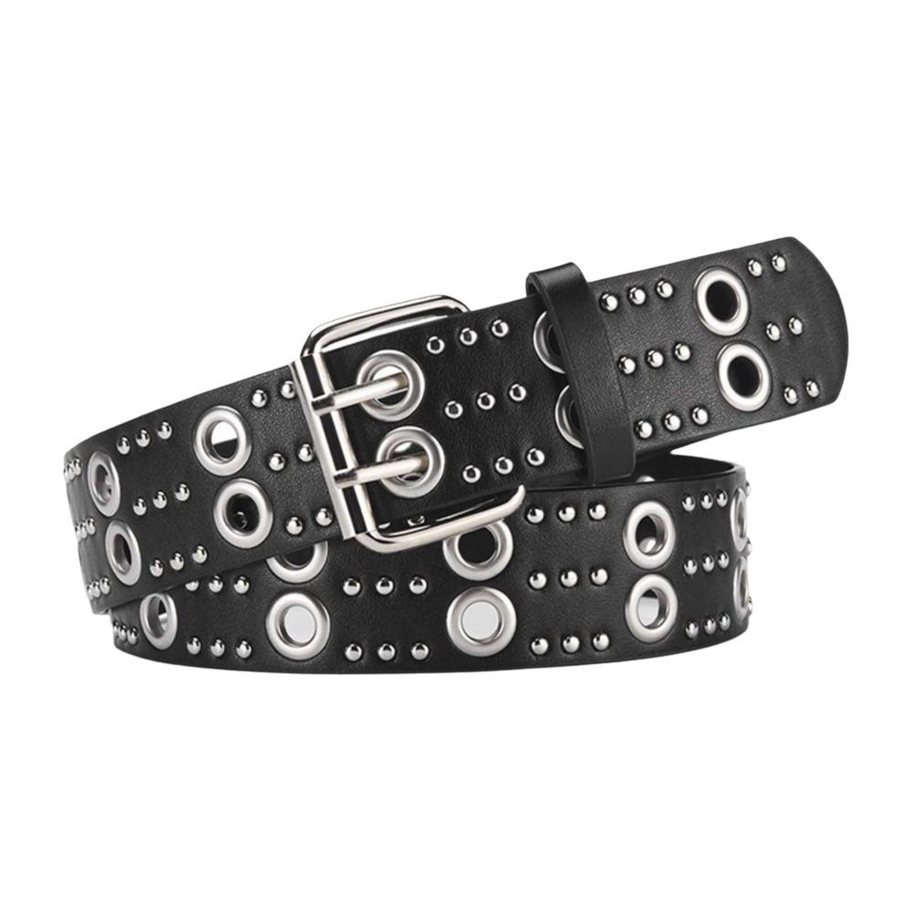 Double Row Needle Buckle Hollow Rivet Belt Adjustable Black Leather Waistbands  Women