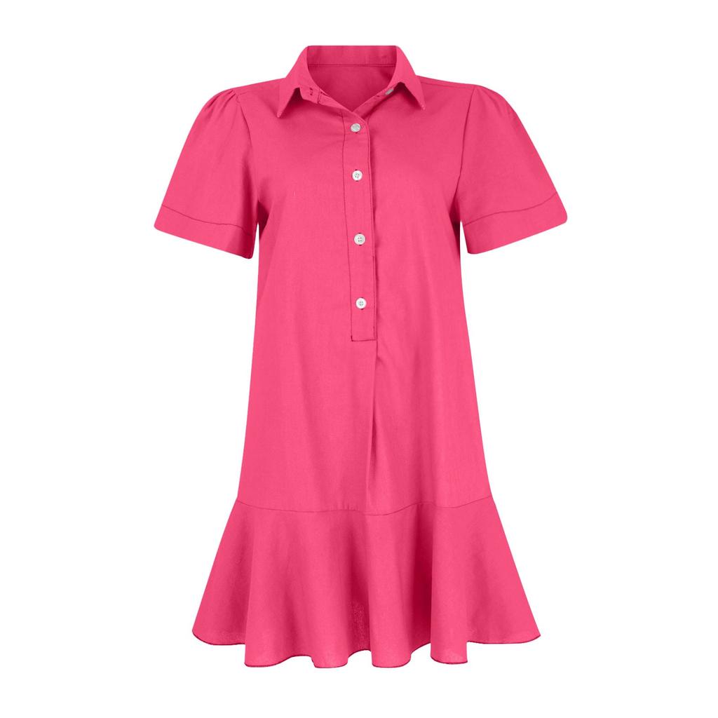 Women's Fashion Casual Half Open Shirt Hem Ruffle Color Short Sleeve Dresses