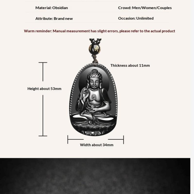 Black Obsidian Buddha Pendant Carved Design Beaded Chain Daily Wear Lucky Gift For Men Women
