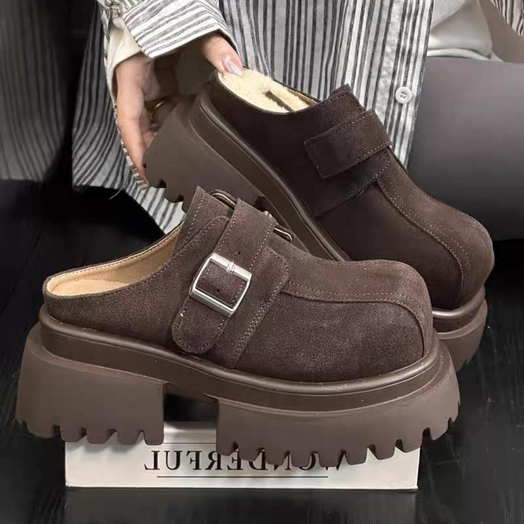 Papuci mat cu cap mare, cu talpă groasă, îmbrăcăminte pentru femei, cizme de zăpadă retro versatile, geantă pentru creșterea în înălțime pentru bărbați mici, pantofi de bumbac jumătate-papuci