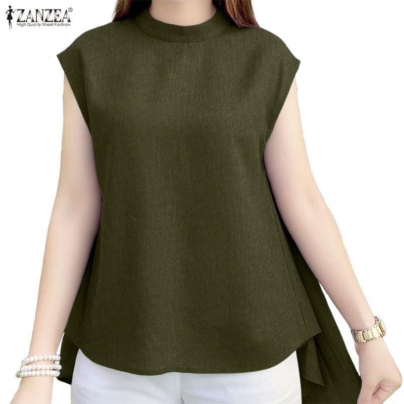 ZANZEA Women Casual Stand Collar Short Sleeve Irregular Blouse