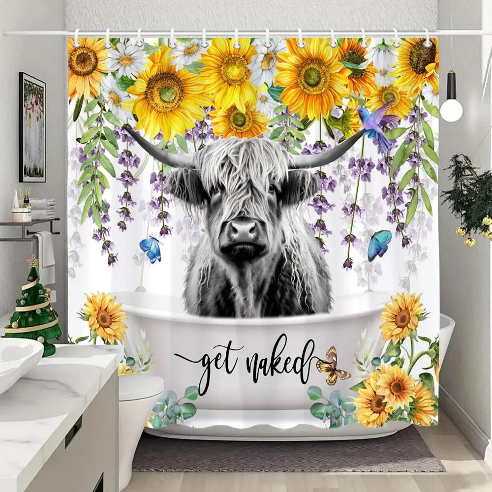 Funny Highland Cow In Bathtub Shower Curtain Green Plants Eucalyptus Leaves Sunflower Lavender Shower Curtains Bathroom Decor