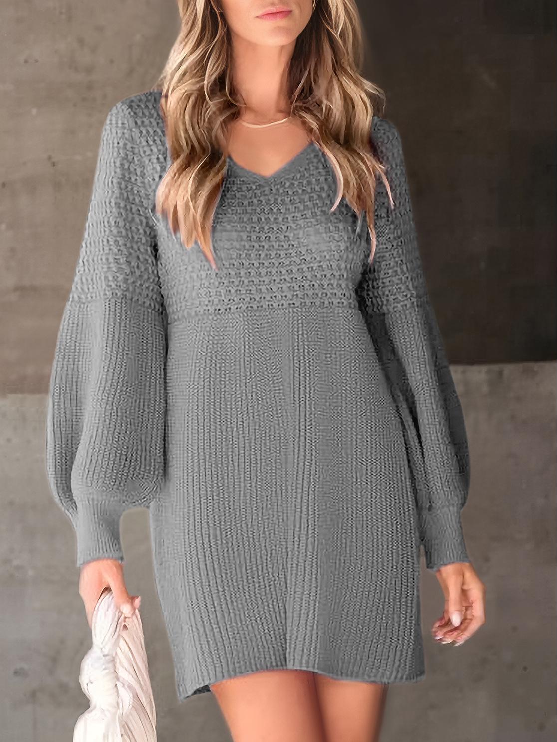 

Вязаное платье-свитер с V-образным вырезом и рукавами-фонариками в стиле ретро - Европейский и американский осенне-зимний стиль Large серый