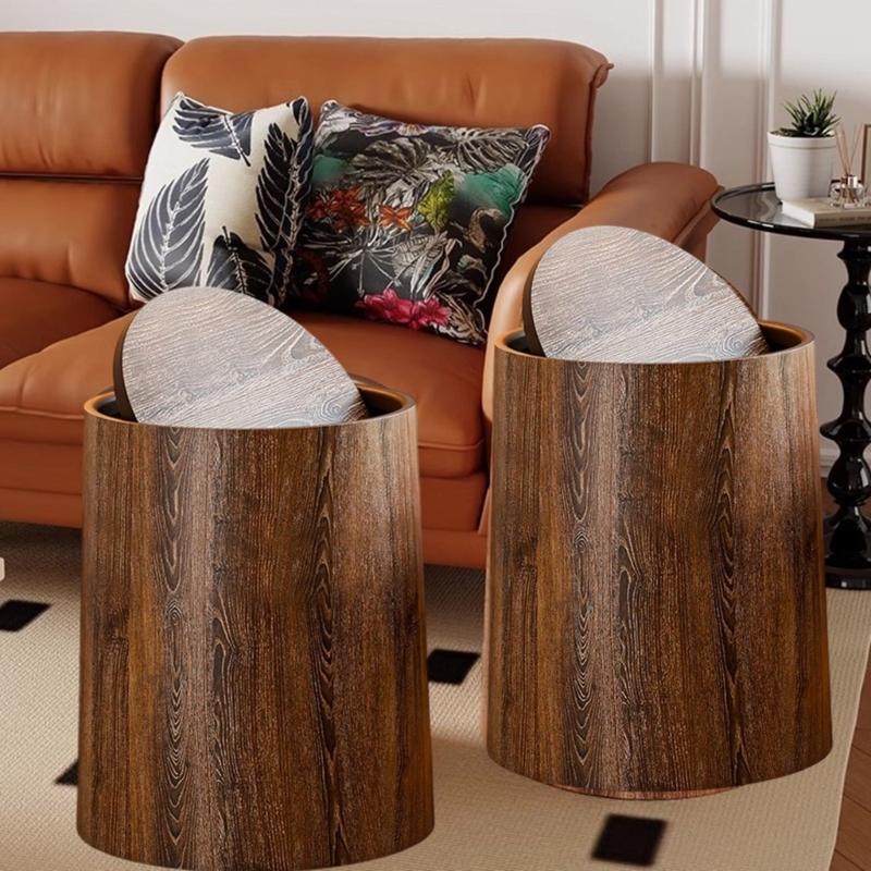 Retro Wood Grains Trash Can Durability Plastic Waste Bin Holders With 360Degree Flips Lid For Kitchen Bathroom Bedroom Dorm
